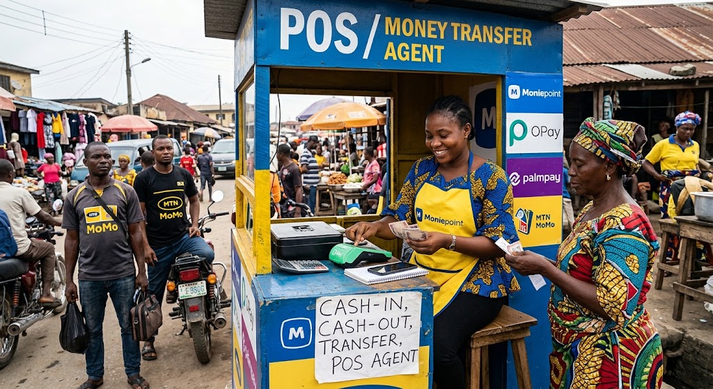 Mobile money agent serving a customer