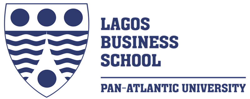 Lagos Business School Pan-Atlantic University logo: shield with three blue circles, wavy lines, and an arch, beside the institution name.